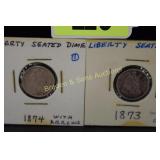 US 1873 AND 1874 SILVER LIBERTY SEATED DIME