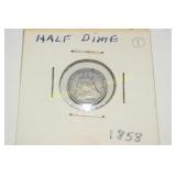 US 1858 SILVER SEATED LIBERTY HALF DIME