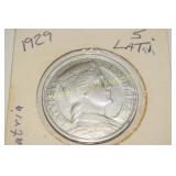 1929 LATVIJAS 5 LATI SILVER COIN