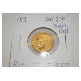 US 1913 $2.5 GOLD INDIAN HEAD COIN, AU QUALITY