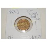 US 1857-S $2.5 DOLLAR LIBERTY HEAD GOLD COIN VF