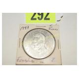 1943 ECUADOR FIVE SUCRES SILVER COIN