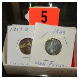 GROUP OF 6 V- NICKELS AND 2 WHEAT