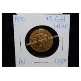 US 1909 $5 INDIAN HEAD GOLD COIN AU QUALITY