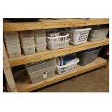 GROUP OF 2 SHELVES OF STORAGE BINS, TOTES, ETC