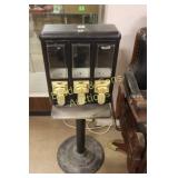 USED 3 SLOT BUBBLE GUM VENDING MACHINE, NO KEY.