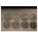 GROUIP OF 8 FRANKLIN SILVER HALF DOLLARS.