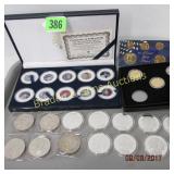 TRAY OF ASSTD STATE QUARTERS AND MEDALLIONS ETC