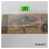 CONFEDERATE STATES OF AMERICA $5.00 BILL DATED