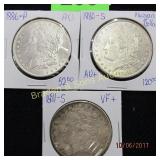 GROUP OF 3 MORGAN SILVER DOLLARS. 1880-S, 1886-P