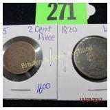 US 1820 LARGE PENNY AND 1864 TWO CENT PIECE