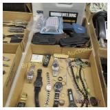 GROUP OF 2 BOXES OF WATCHES, RINGS, JEWELRY,