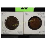 US 1850 LARGE SIZE PENNY AND US 1864 2 CENT