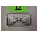 SILVER 1 OZ BAR FEATURING CONFEDERATE FLAG.