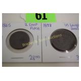 US 1838 LARGE PENNY AND 1865 TWO CENT PIECE