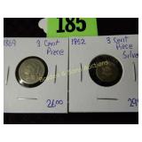 US 1952 SILVER THREE CENT PIECE AND 1869