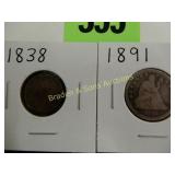 US 1838 SEATED LIBERTY DIME AND 1891 SEATED