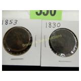 US 1830 AND 1853 LARGE SIZE PENNIES