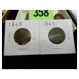 US 1864 AND 1868 TWO CENT PIECES