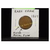 US 1864 TWO CENT PIECE ERROR COIN, EXTRA METAL