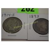 US 1893-P AND 1914-S BARBER SILVER HALF DOLLARS