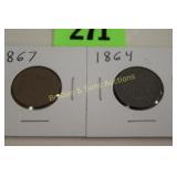 US 1864 AND 1867 TWO CENT PIECES