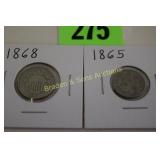 US 1865 THREE CENT PIECE AND 1868 SHIELD NICKEL