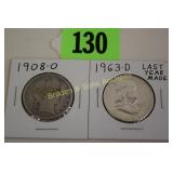 US 1908-O AND 1963-D SILVER HALF DOLLARS