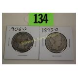 US 1906-O AND 1895-O BARBER SILVER HALF DOLLARS