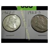 US 1953-S AND 1962-D FRANKLIN SILVER HALF DOLLARS