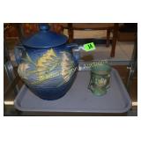 ROSEVILLE 10" BLUE FREESIA COOKIE JAR PLUS 4" VASE