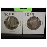 US 1899-P AND 1908-D BARBER SILVER HALF DOLLAR