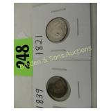 US 1821 CAPPED BUST SILVER DIME AND 1839 SEATED