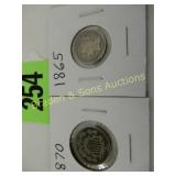 US 1865 NICKEL 3 CENT PIECE AND 1870 V NICKEL