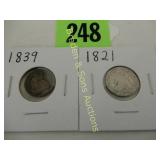 US 1821 CAPPED BUST SILVER DIME AND 1839 SEATED