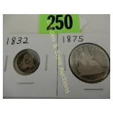 US 1832 CAPPED BUST SILVER DIME AND 1875 SEATED