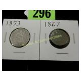 US 1853 SEATED LIBERTY QUARTER AND 1867