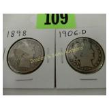 US 1898-P AND 1906-D BARBER SILVER HALF DOLLARS