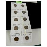 GROUP OF 10 US INDIAN HEAD PENNIES 1901-1908