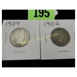US 1902 AND 1904 BARBER SILVER QUARTERS