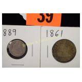 US 1889 SEATED LIBERTY DIME AND 1861 SEATED