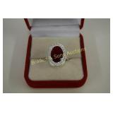 LADIES STERLING SILVER AND RED GARNET RING  SIZE 7