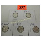 GROUP OF 5 HIGH QUALITY MERCURY DIMES FROM