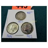 US 1907 BARBER SILVER DIME, 1944 MERCURY SILVER