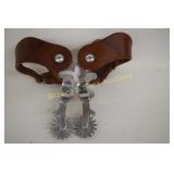 UNMARKED POLISHED CIRCA 1940 SPURS WITH LEATHER