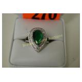 LADIES STERLING SILVER AND EMERALD RING. SIZE 7