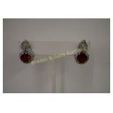 LADIES STERLING SILVER AND RED GARNET EARRINGS