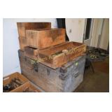 VINTAGE WOODEN TRUNK AND 5 WOODEN BOXES