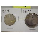 US 1854 SEATED LIBERTY QUARTER AND 1877