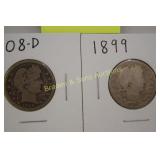 US 1908-D AND 1899 BARBER SILVER QUARTER